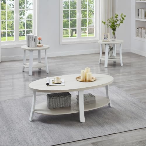 Oval Coffee Table and Round End Tables, 3-Piece Living Room Table Set | Accen...