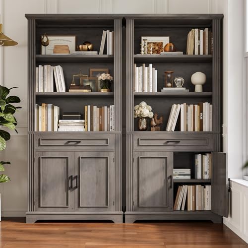 SEDETA Farmhouse Bookshelves and Bookcases with Doors, Drawer, Grey