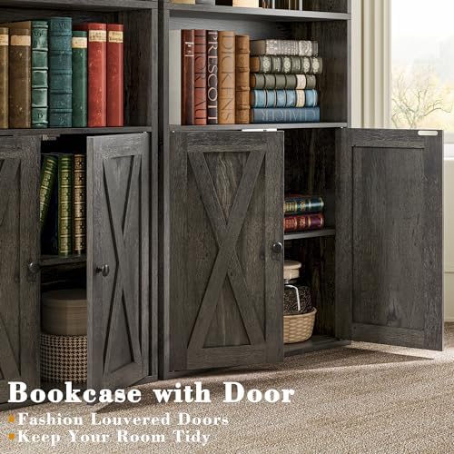 IRONCK Tall Bookshelf 70 in, Bookcases with Doors, Set of 2, Charcoal Grey