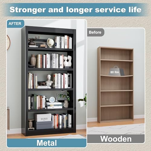 Bookcase, 5-Shelf Industrial Bookshelf, Large Storage Space, Adjustable Books...