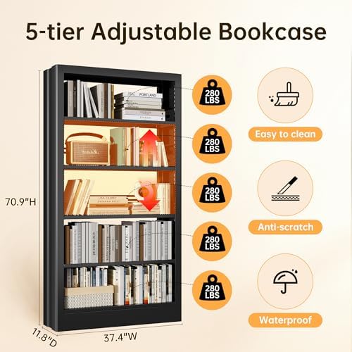 5-Tier Bookcase with Adjustable Storage Shelves, Heavy Duty Bookcase, Metal B...
