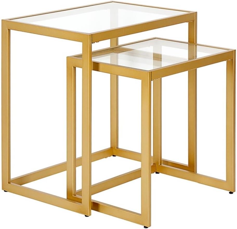 MAKLAINE Contemporary Metal/Tempered Glass Side Table, 22 in, Brass Finish, H...