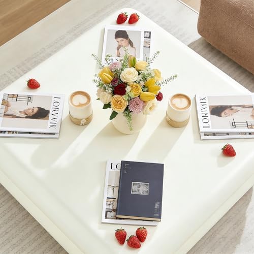 31.5" Modern White Coffee Table, Stone Coffee Table, Square Minimalist C...