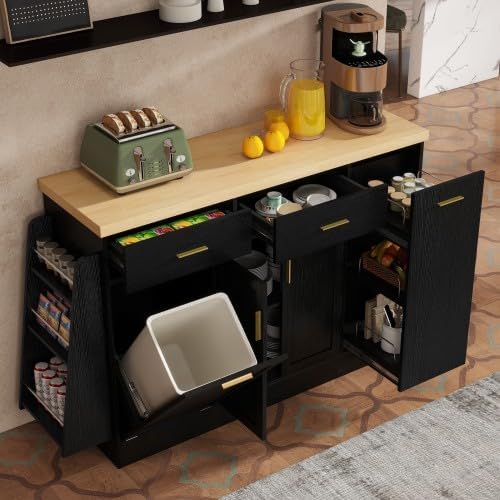 Rolling Kitchen Island with Trash Can Storage Sideboard, Black | Portable &am...