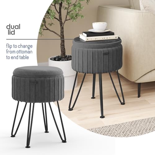 Round Ottoman with Storage, Pleated Velvet Storage Ottoman, Foot Stool Ottoma...