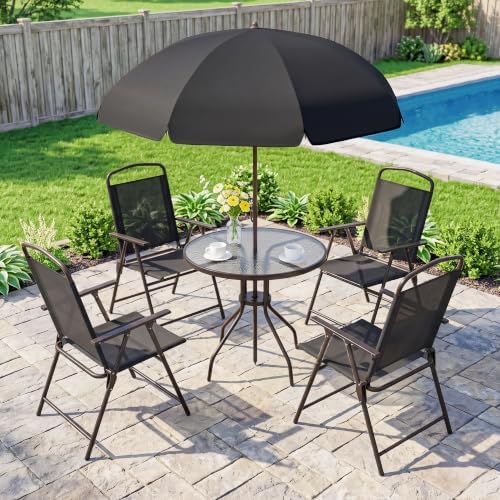 Outsunny 6 Piece Outdoor Patio Dining Set for 4 with Umbrella Black/Coffee