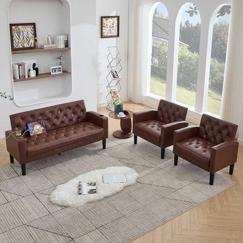 62'' Leather Loveseat Sofa Set with Chairs, 3-Piece Living Room Furni...
