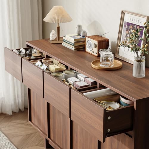 55in Walnut Buffet Cabinet, Mid Century Wood Sideboard Storage