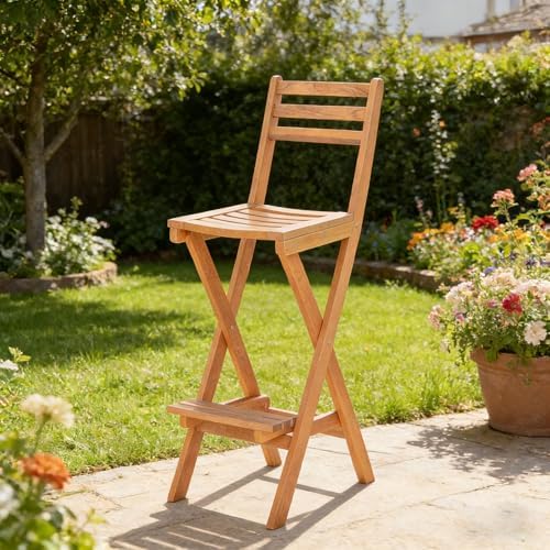 COSTWAY Outdoor Acacia Wood Folding Bar Stool with Slatted Backrest