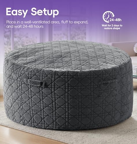 fond + found Giant Bean Bag Chair with Plush Quilted Cover, 5FT Darkgrey | Pl...