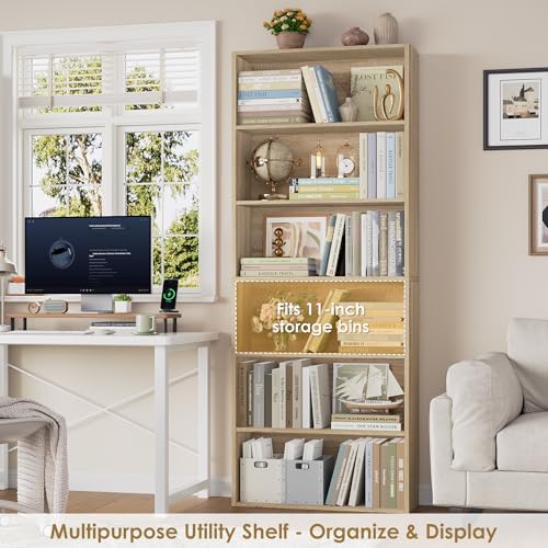 FOTOSOK 6 Tier Tall Bookshelf Bookcase with Open Display Shelves, Light Oak