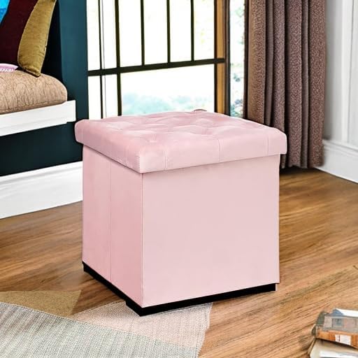 B FSOBEIIALEO Storage Ottoman Cube, Velvet Tufted Folding Ottomans with Lid, ...