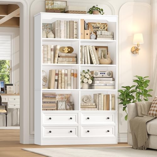 FINETONES 71" Tall Bookshelf with 4 Drawers White Bookshelf Office Bookcase