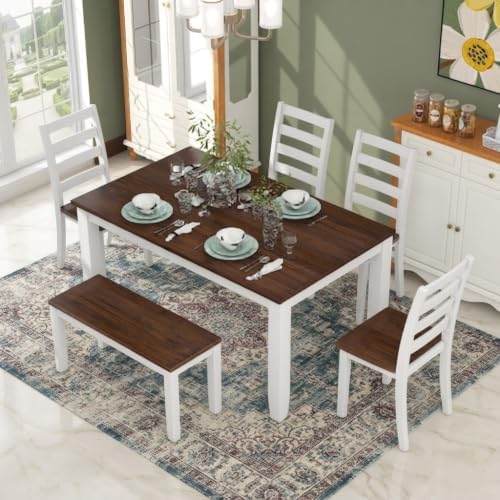 LUMISOL 6 Piece Farmhouse Dining Table Set with Bench, Walnut Cottage White