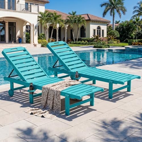 SERWALL HDPE Outdoor Chaise Lounge Set of 2 with Cup Holder & Wheels, Aru...