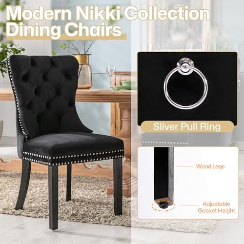 Velvet Dining Chairs Set of 6 with Wood Legs and Pull Ring, Black