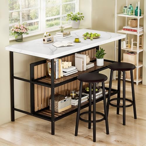 DKLGG Kitchen Island with Stools & Storage, Modern Dining Table Set for 2...