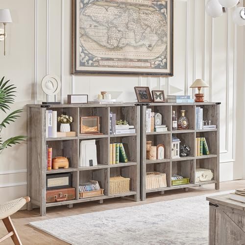Joaxswe 9 Cube Bookcase, Farmhouse 47 Inch Wide Grey Oak Bookshelf, Wooden 3 ...