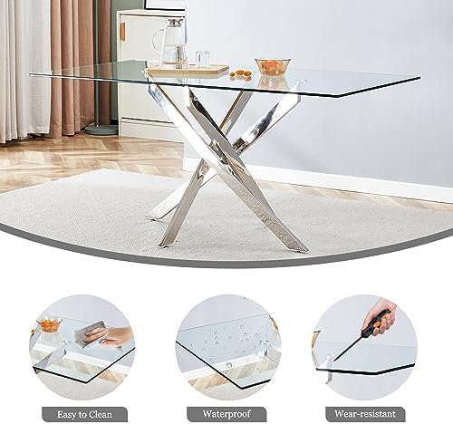 63'' Luxury Dining Table Set for 6, 7 Pieces Modern Rectangular Clear...