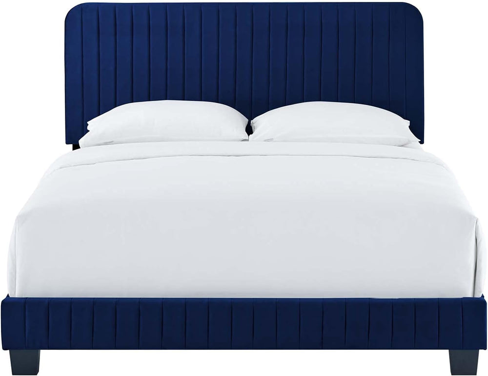 Tufted Platform Bed Frame, King Size, Velvet, Blue Navy, Modern Contemporary,...