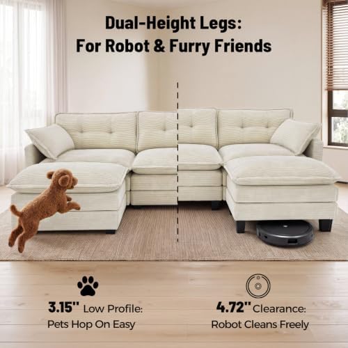 Amsleekey 111.5" U Shaped Modular Sectional Sofa, Beige Corduroy | Cloud...