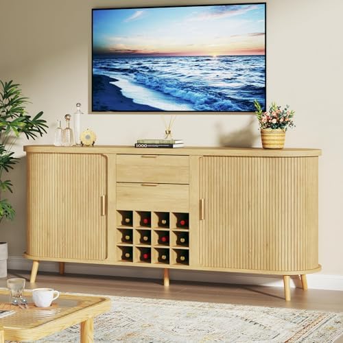 HUAHUU 58" Buffet Cabinet with Storage, Fluted Wine Bar Cabinet with Dra...