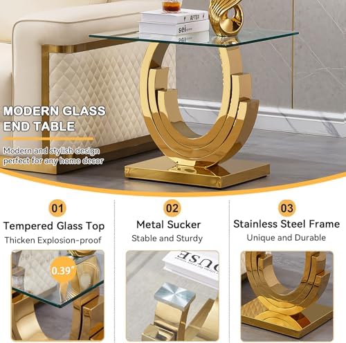 Luxury Gold Glass End Table, 22.6" Square Sofa Side Table with Mirrored ...