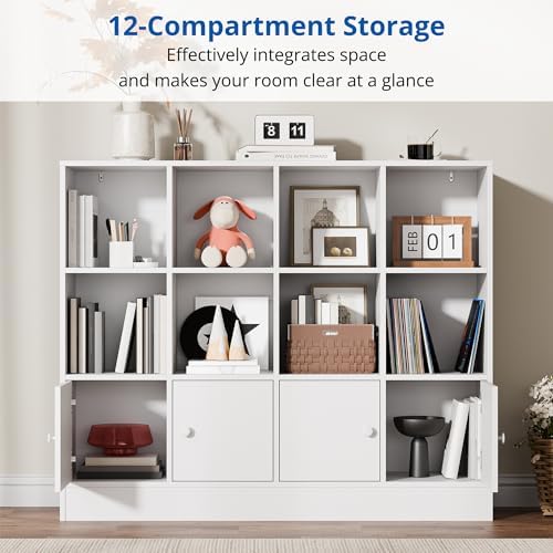 Cozy Castle White Wood Bookcase, 12 Cube Display Shelf with 4 Doors, 3 Tier O...