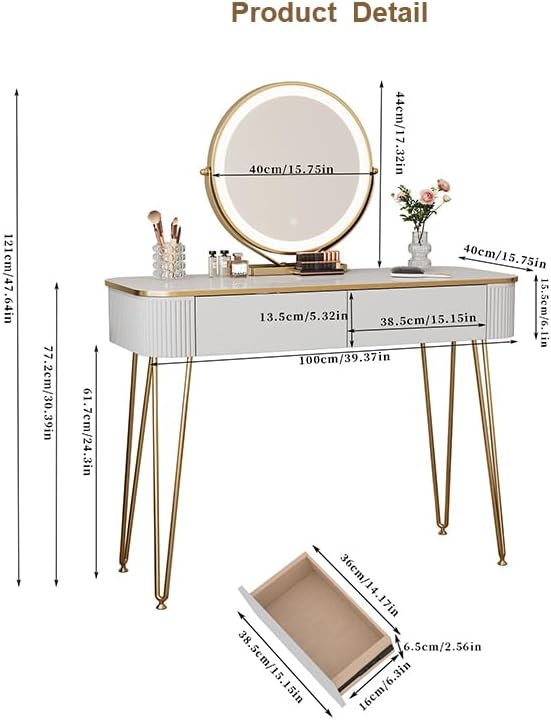 Furnistar White & Gold Vanity Desk with Round LED Mirror & 2 Drawers ...