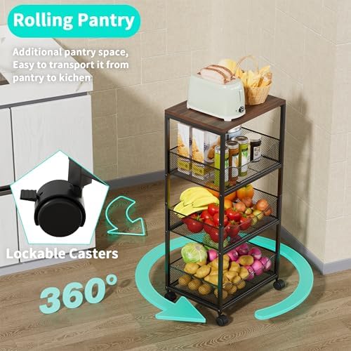 HapiRm Fruit Basket Kitchen Cart - 4-Tier Rolling Storage Cart with Wheels, F...