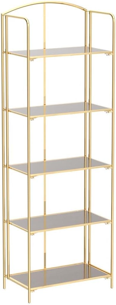 5-Tier Foldable Bookshelf, Gold Frame & Walnut Shelves