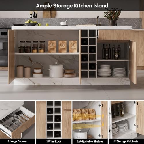 homary 72" Large White Kitchen Island with Storage & LED Lights, Woo...