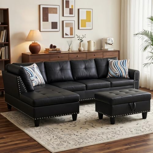 Leather L-Shaped Couch Set, 97.5"L x 69.5"W Sectional Sofas Black |...