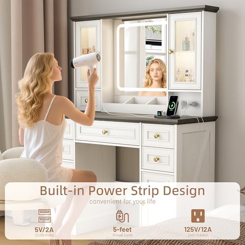 Vanity Desk with Mirror & Lights, Makeup Vanity with Power Outlet & U...