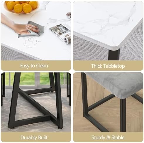 5-Piece Dining Table Set for 4, Modern Faux 47.24" Marble Kitchen Table ...