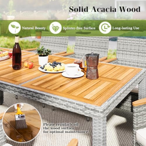 Tangkula 9 Pieces Patio PE Wicker Dining Set, Outdoor Acacia Wood Table and C...