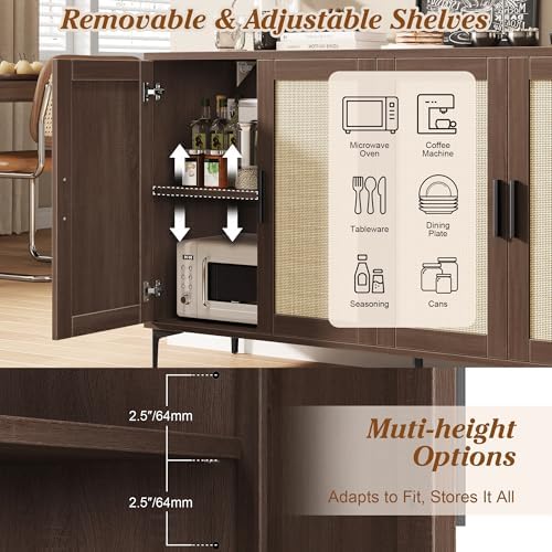 JASIWAY 48" Rattan Buffet Cabinet with Storage, Walnut Coffee Bar Cabinet