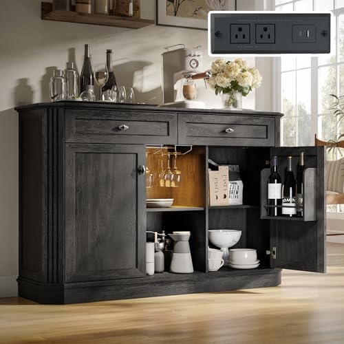 47" Wine Bar Cabinet with LED Light & Power Outlets, 2 Door Coffee B...