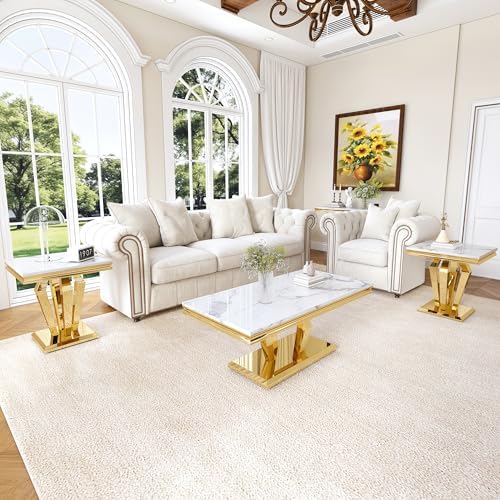 Living Room Coffee Table Set of 3, Modern Marble Coffee Table and 2 End Side ...