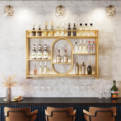 47" Upgrade Metal Wall Mounted Wine Rack, 3 Tier Bar Shelves with Glass ...