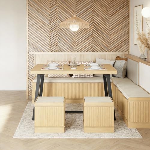 Brafab 63" Corner Dining Table Set with Hidden Storage, Natural