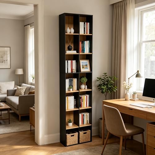 71" Tall Shallow Bookcase DVD Storage Shelf, 14 Cubes 7 Tier Narrow Wide...