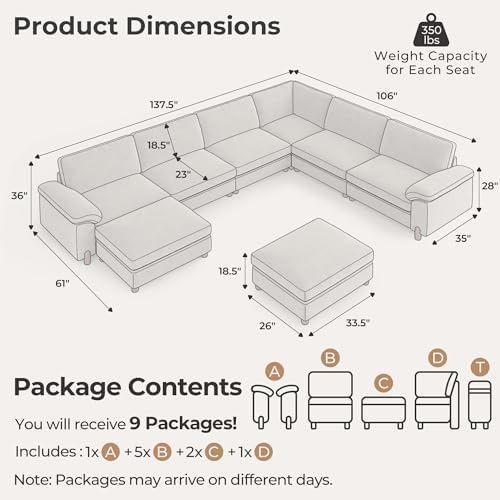 SITJOY Cloud Couch Sectional, 6 Seater V-Shaped, Chenille in Light Gray | Det...