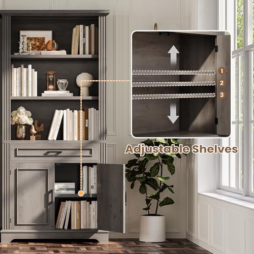 SEDETA Farmhouse Bookshelves and Bookcases with Doors, Drawer, Grey