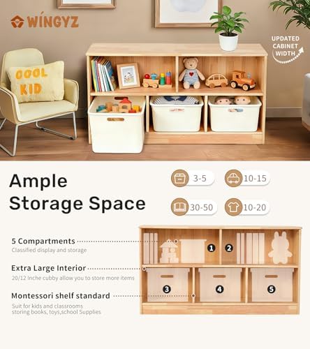 WINGYZ Rubber Wood Montessori Bookshelf, 5-Section Wooden Storage Cabinet