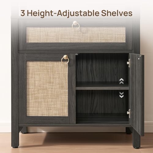 SICOTAS 68.5" Tall Boho Rattan Bookshelf with Drawer and Storage Doors