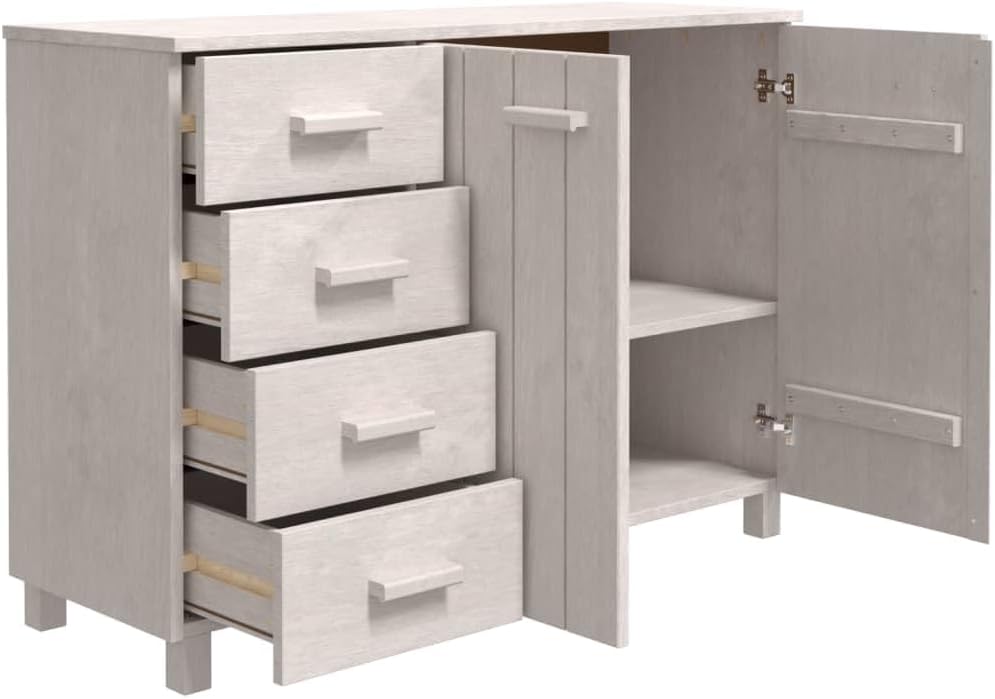 White Solid Pinewood and MDF Sideboard with 4 Drawers and 2 Doors, Modern Sto...