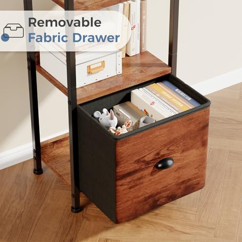 DUMOS 4 Tier Bookshelf with Fabric Drawer, Display Standing Shelf, Brown