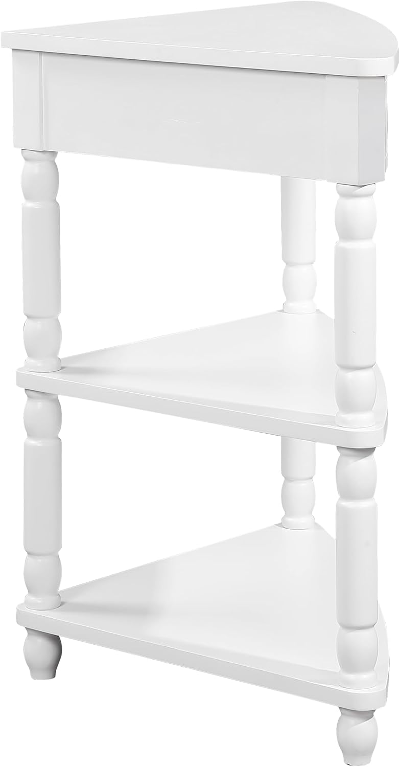 Corner Side Table, 3-Tier Triangle End Table with Drawer and Solid Wood Legs,...