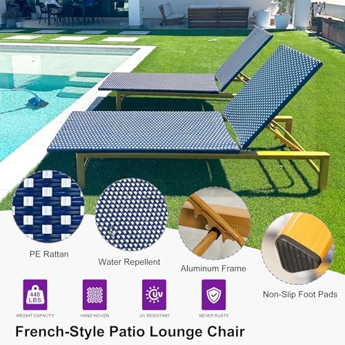 PURPLE LEAF 1 Piece French Patio Chaise Lounge Rattan Teak Frame, Navy | All-...